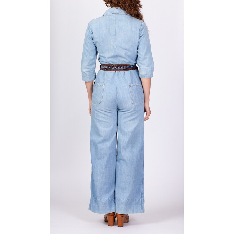 70s Denim Button Up Belted Jumpsuit Medium Vintage Blue Jean Wide Leg Bell Bottom Retro Outfit image 5