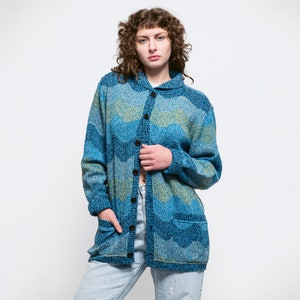80s Missoni Uomo Blue Wavy Striped Knit Cardigan - Extra Small