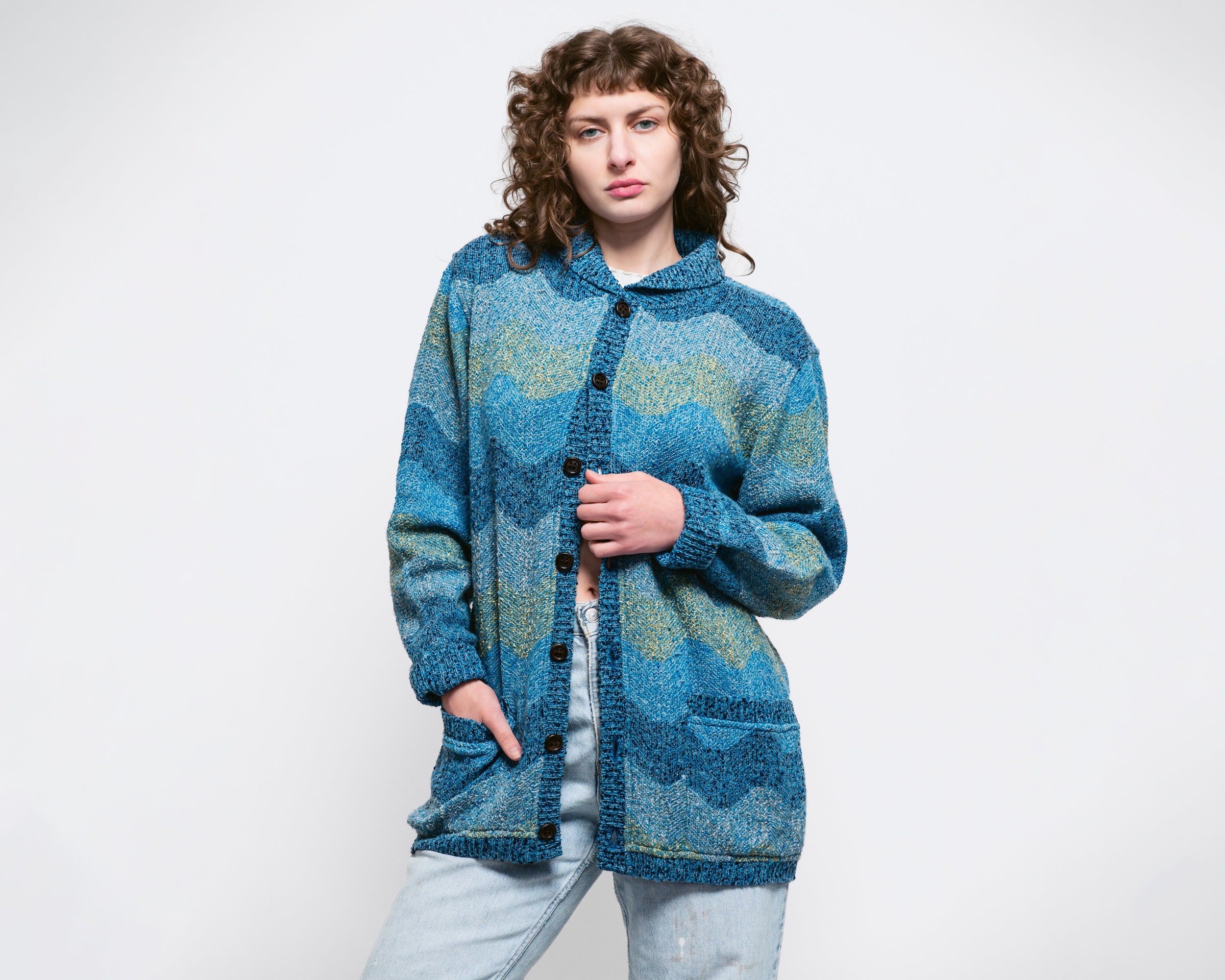 80s Missoni Uomo Blue Wavy Striped Knit Cardigan - Extra Small