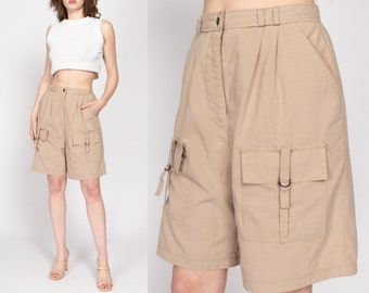 Medium 80s Khaki Pleated Cargo Shorts 28" | Vintage High Waisted Casual Long Mom Shorts