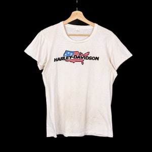 Großes 70er Jahre Harley Davidson T Shirt | Vintage Distressed American Flagge Map Graphic Motorrad Biker Tee