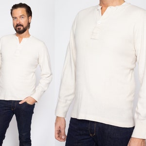 Medium 70s White Cotton Henley Thermal Shirt Vintage Plain Long Sleeve Undershirt Top image 1