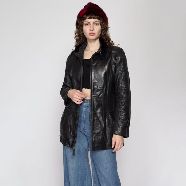 Kleine 90er Jahre Schwarze Leder Pelzkragen Jacke | Vintage Tiboa Quilted, isolierte, mittellange Moto-Jacke