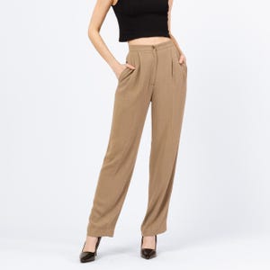 Vintage 90s Emanual Ungaro Minimalist Tan Trousers - Size 4, 26&quot; Waist | High Waisted Pleated Pants, Tapered Leg Relaxed Fit Slacks
