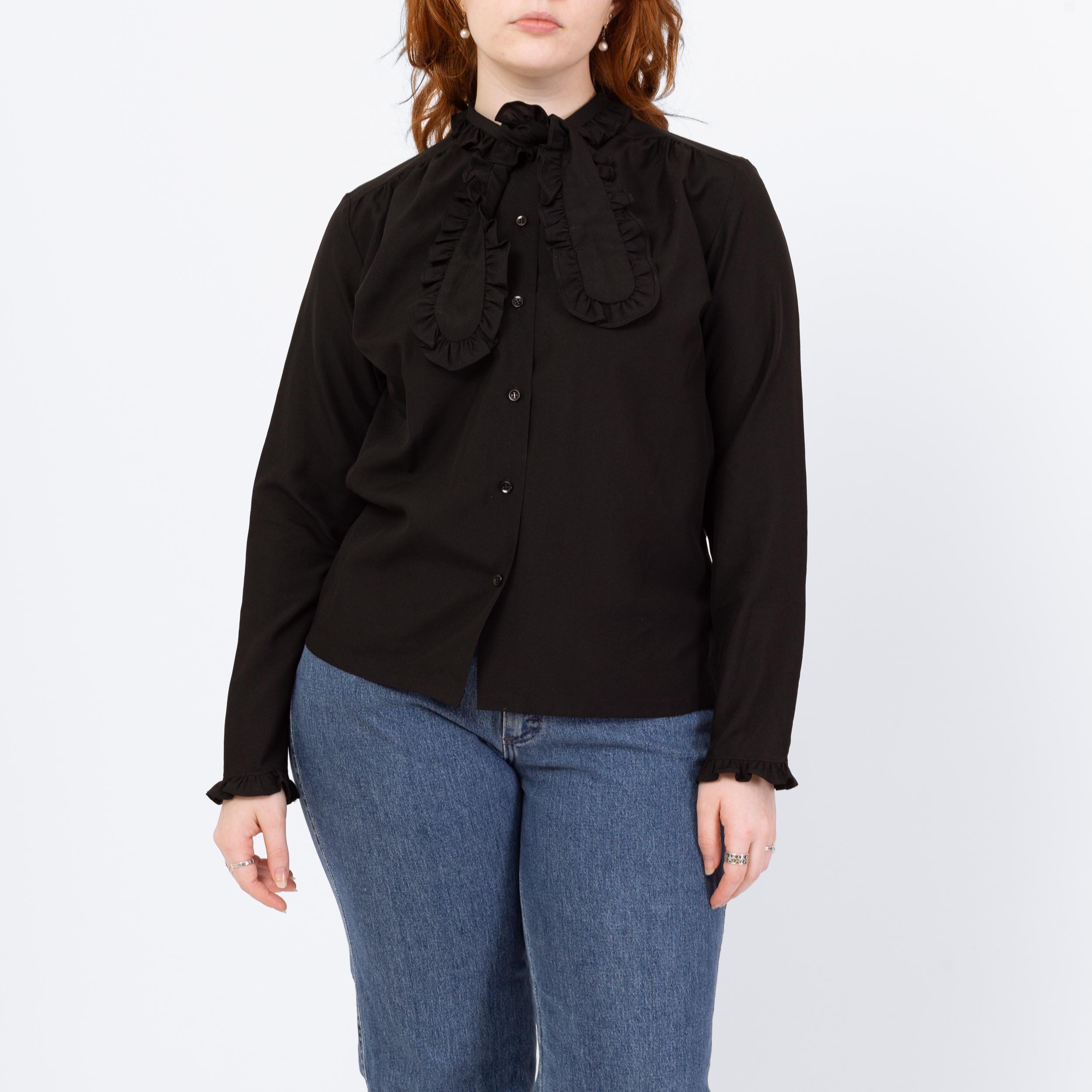 Vintage 70s Black Ascot Tie Blouse - Large | Gothic Long Sleeve