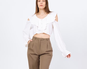 Vintage 80s White Cold Shoulder Crop Top - Small | Long Bishop Sleeve Button Up Blouse