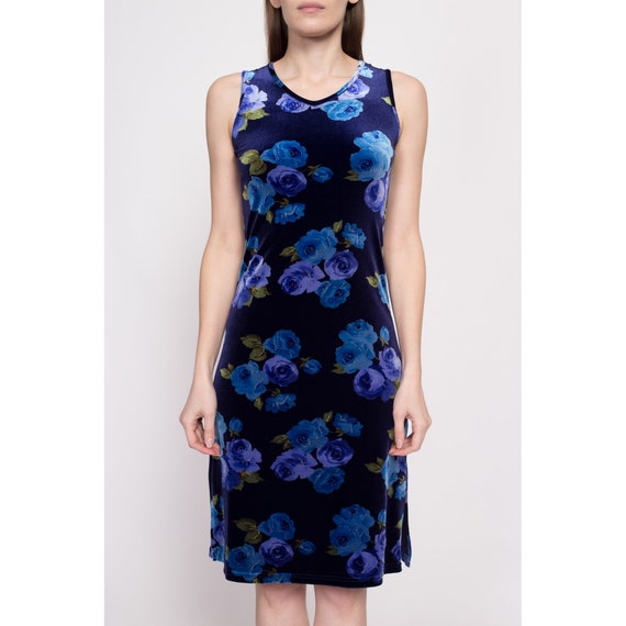 90s Y2K Blue Floral Velvet Dress Extra Small | Vi… - image 2