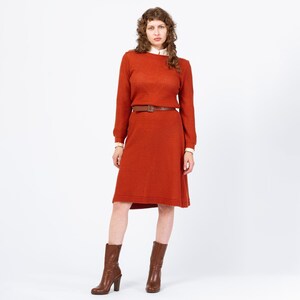 Vintage 70s 80s Burnt Orange Eyelet Knit Midi Sweater Dress - Medium | Retro Boat Neck Open Weave Long Sleeve Dress Vintage 70s 80s Burnt Orange Eyelet Knit Midi Sweater Dress - Medium | Retro Boat Neck Open Weave Long Sleeve Dress