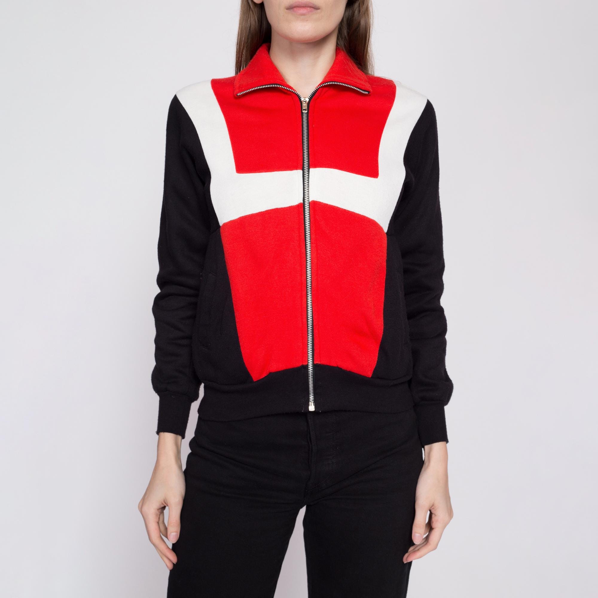 80s Color Block Track Jacket - Extra Small | Vintage Red Black