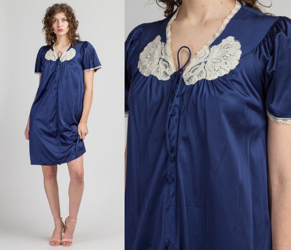 70s Blue Satin Flutter Sleeve Mini Nightdress Sma… - image 1