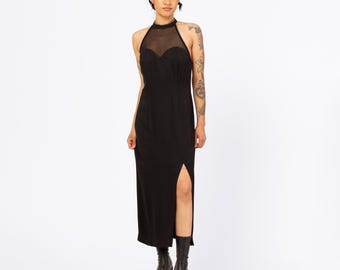 Vintage 90-tals svart maxiklänning med strass, racerback - medium | Mesh, hjärtformad halsringning, lårslits, formell klänning