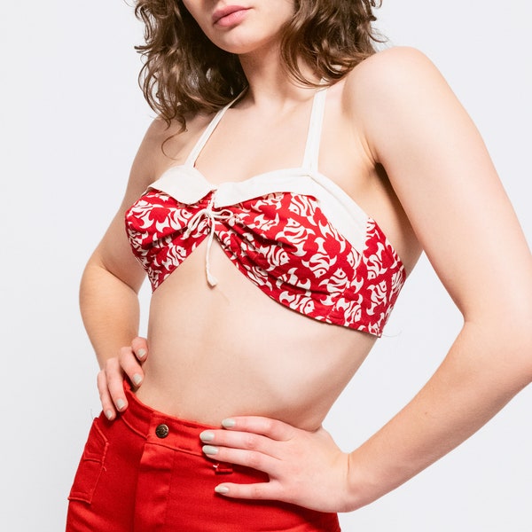Small 50s 60s Red & White Fish Print Halter Sun Top | Retro Vintage Boho Crop Top Bikini Bralette