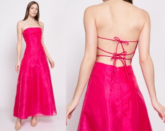 Small 90s Hot Pink Backless Gown | Vintage Sleeveless Strappy Low Back Sequin Formal Maxi Prom Dress