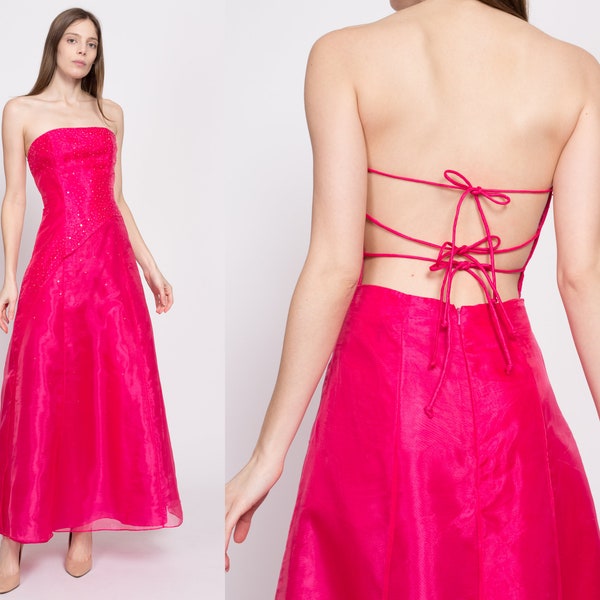 Small 90s Hot Pink Backless Gown | Vintage Sleeveless Strappy Low Back Sequin Formal Maxi Prom Dress