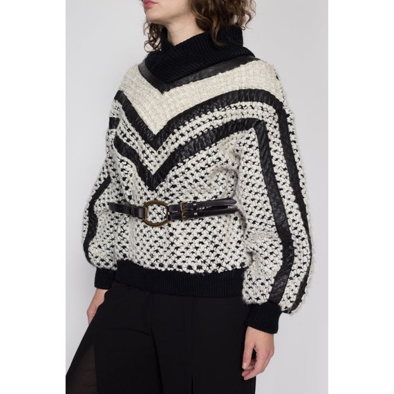 Sm-Lrg 80s Black & White Leather Striped Sweater … - image 2