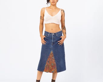 Vintage 90s French Connection Denim & Paisley Midi Skirt - Small to Medium, 28" Waist | Reworked A-Line Split Panel Upcycled Jean Skirt