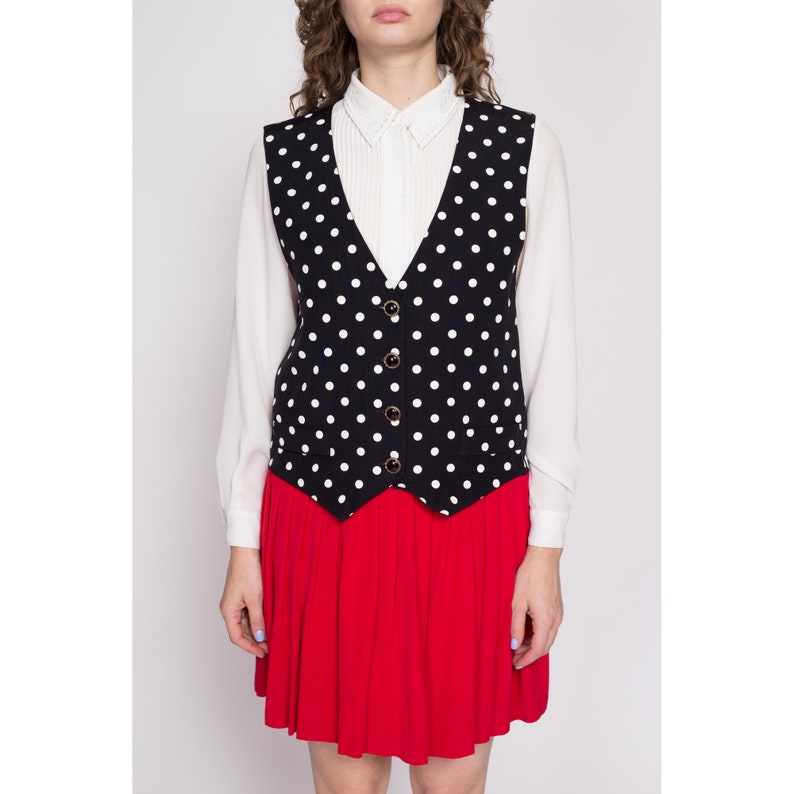 80s Polka Dot Mock Vest & Pleated Skirt Set Dress Large Vintage Red Black Pinafore Mini Dress image 2