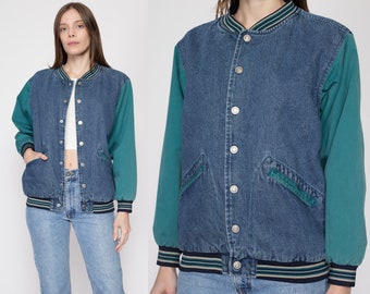 Medium jaren 90 denim Varsity honkbaljack | Vintage Petite blauwgroene snap-up jas