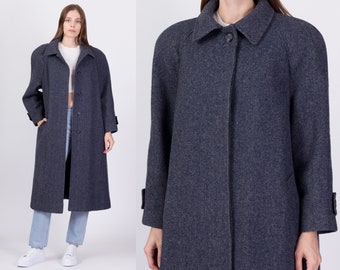 80s Herringbone Wool Overcoat - Large | Vintage JG Hook Dark Slate Blue Oversize Long Button Up Winter Jacket