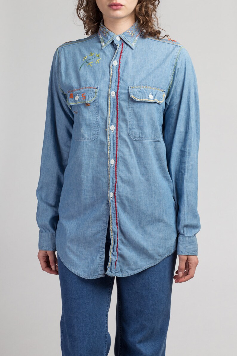 70s Chambray Embroidered Souvenir Shirt Vintage Unisex Button Up Western Style Retro Top Medium to Large
