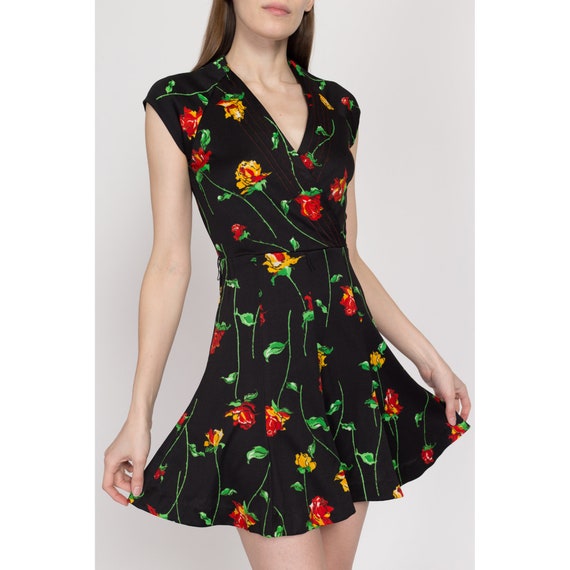 XS 70s Black Rose Floral Print Mini Dress | Boho … - image 3