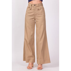 70s High Waisted Khaki Twill Flared Pants Extra Small, 24 Vintage H.I.S. Retro Flares Hippie Trousers image 2