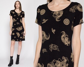 Medium 90s Chinese Dragon Mini Dress | Vintage Slinky Black Brown Scoop Neck Stretchy Dress