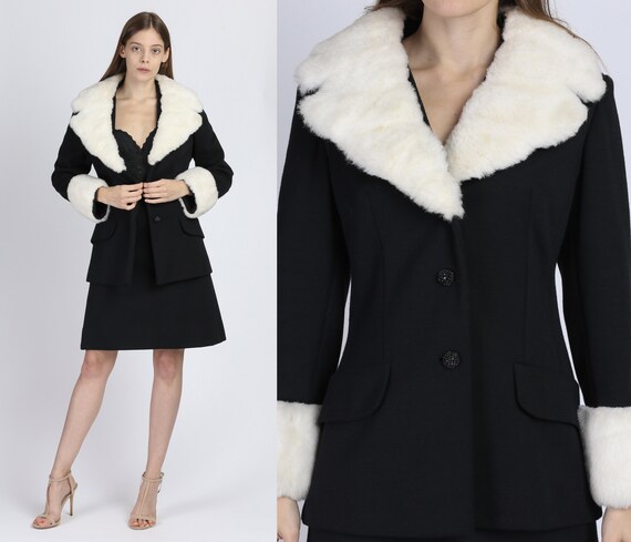60s 70s Lilli Ann Knit Faux Fur Trim Coat & Skirt