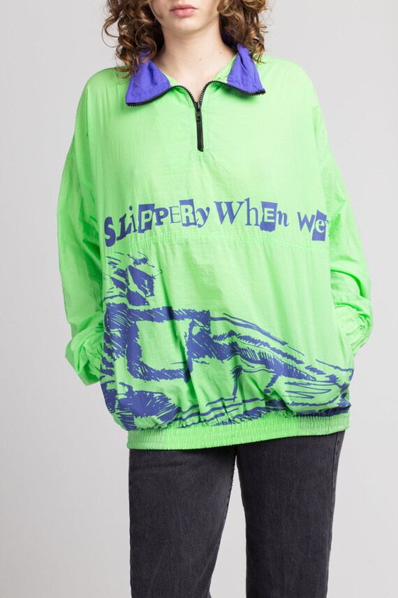 90s Slippery When Wet Neon Green Windbreaker XL |… - image 3