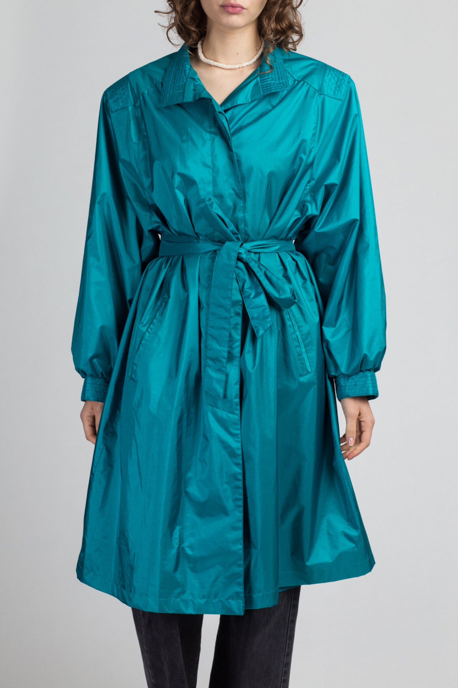 80s Shiny Belted Teal Trench Coat Extra Large Vintage Etsy