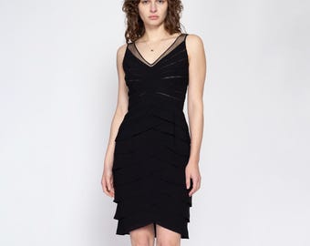 Medium 90s Adrianna Papell Black Scalloped Party Dress | Vintage Sleeveless Mini Bandage Cocktail Dress