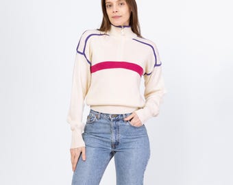 Vintage 80s Cream Striped Half Zip Cropped Ski Sweater - Small | Mountain Goat by White Sag Lightweight Wool Blend Pullover