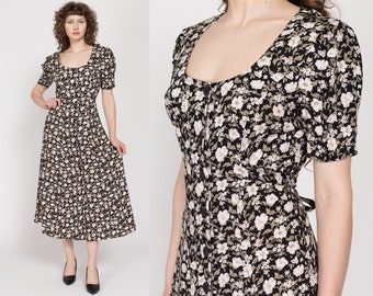 Medium 90s Black & White Floral Grunge Maxi Dress | Vintage Button Up Short Sleeve Tie Back Sundress