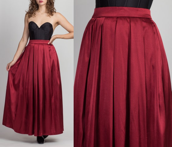 70s Burgundy Satin Pleated Maxi Skirt Extra Small… - image 1