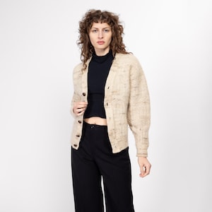 Medium 70s Pendleton Cream Flecked Cable Knit Wool Cardigan | Vintage Button Up Fisherman Sweater