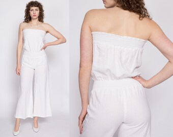 90s Y2K White Strapless Flared Leg Jumpsuit Small | Vintage Boho One Piece Romper Pantsuit