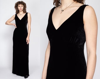 Medium 90s Ralph Lauren Black Velvet Maxi Dress | Vintage V Neck Low Back Sleeveless Slinky Evening Gown