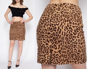 Small 90s Leopard Print Corduroy Mini Skirt | Vintage Mid Rise Boho Grunge Miniskirt