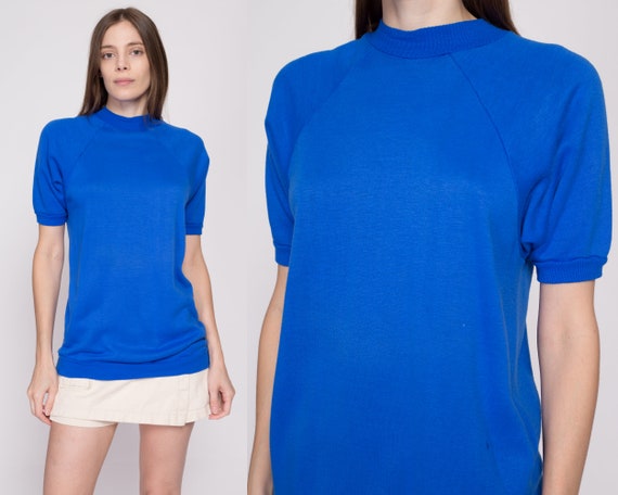 Medium 70s Royal Blue Short Sleeve Sweatshirt Uni… - image 1