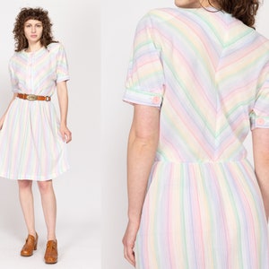 Large 70s 80s Rainbow Pastel Striped Shirtdress | Vintage Chevron Stripe Short Sleeve Knee Length Dress