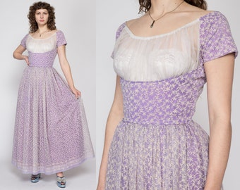 XS-Sm 60s Purple Floral Sheer Bust Chiffon Party Gown | Vintage Fit & Flare Short Sleeve Princess Maxi Dress