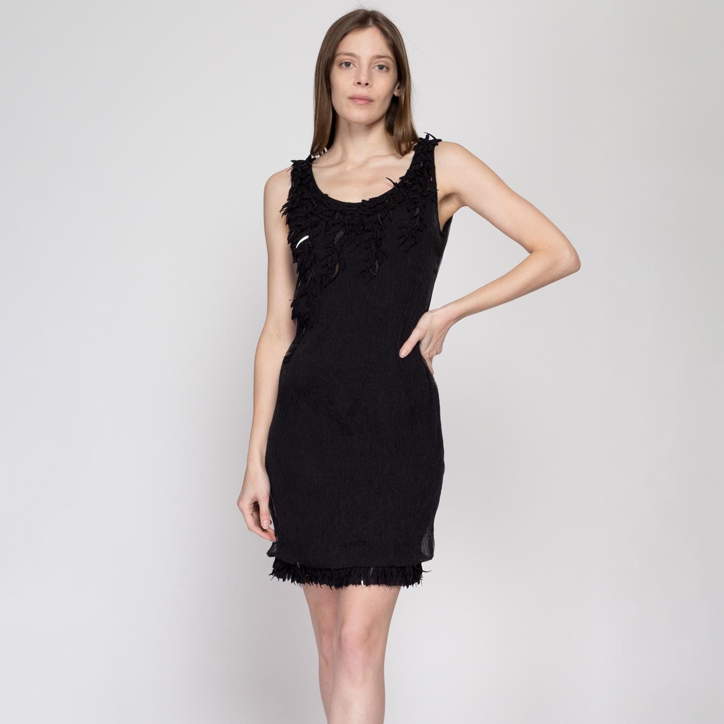 Small Y2K Yoana Baraschi Black Sequin Flapper Mini Dress | Vintage Sleeveless Bubble Hem Party Dress