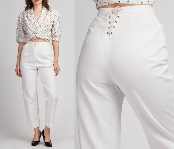 80s White Corset Back Tie Sailor Pants - Small, 26