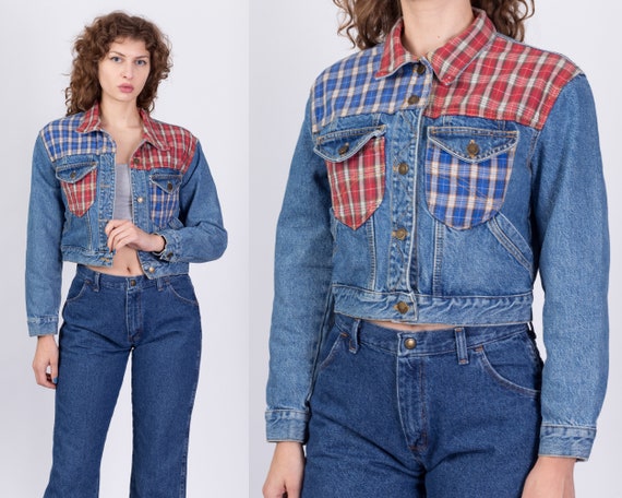 Small 90s Flannel Trim Cropped Denim Jacket | Vin… - image 1