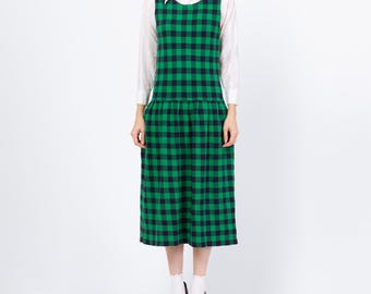 green and black gingham dress Vintage 90s Izod Pinafore Midi - Small | Preppy Sleeveless Drop Waist Flannel Dress rachel green outfits