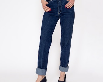 80er Jahre Sergio Valentine Mid Rise Jeans - XXS | Vintage Dark Wash Denim Tapered Leg Lange Innennaht Jeans
