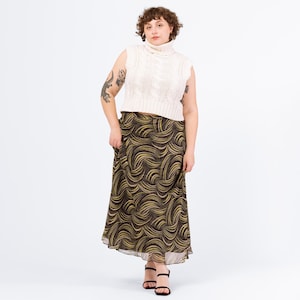 Vintage Y2K Black & Green Silk Abstract Print Maxi Skirt - Extra Large, Size 16 | Bias Cut Sheer Overlay Flowy Skirt