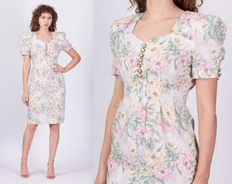 Medium 80s Pastel Floral Puff Sleeve Dress | Vintage Sweetheart Neck Sheath Dress
