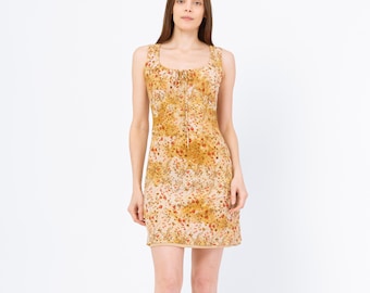 Vintage 90s Yellow Floral Milkmaid Mini Dress - Small | Boho Earth Tone Sleeveless A Line Summer Sundress