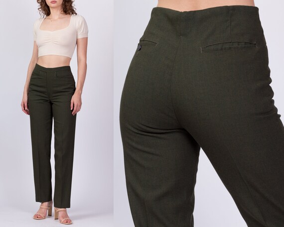 31 Waist 70s Army Green Slim Tapered Trousers Unisex Vintage High